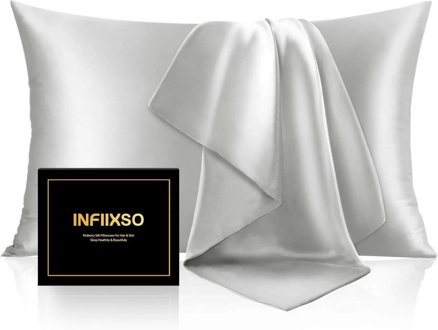 روبالشی ابریشم توت INFIIXSO برای مو و پوست، روبالشی ابریشمی سایز استاندارد با زیپ مخفی 50x66 سانتی متر، روبالشی فوق العاده نرم و خنک برای افراد گرمایی (خاکستری روشن، 1 عدد)