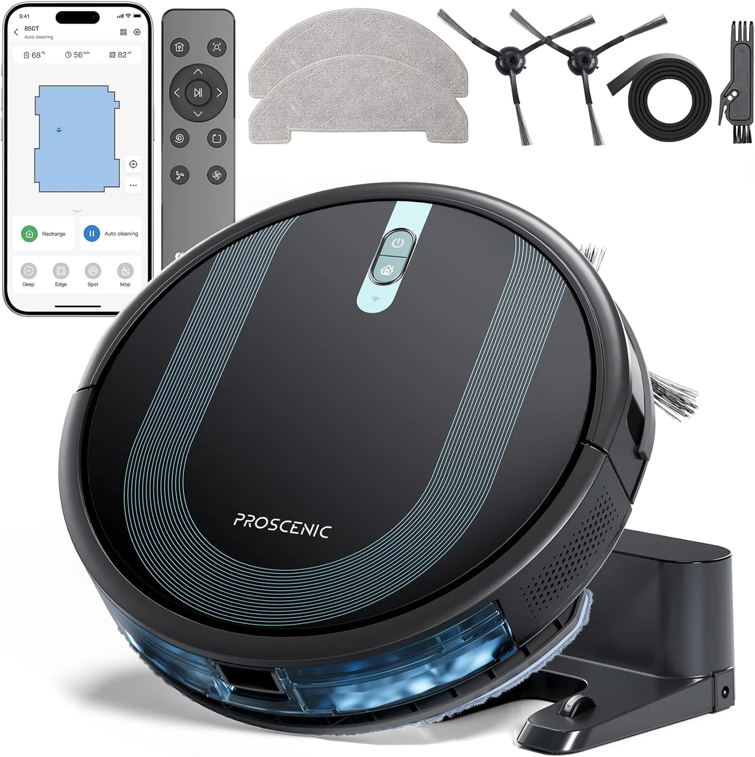 جاروبرقی رباتیک و تی شوی Proscenic 850T، فوق العاده باریک، مکش قدرتمند 3000 پاسکال، جاروبرقی اتوماتیک با 120 دقیقه کارکرد، شارژ خودکار، تمیز کردن سفارشی از طریق برنامه WiFi برای کف خانه، موی حیوانات خانگی، فرش