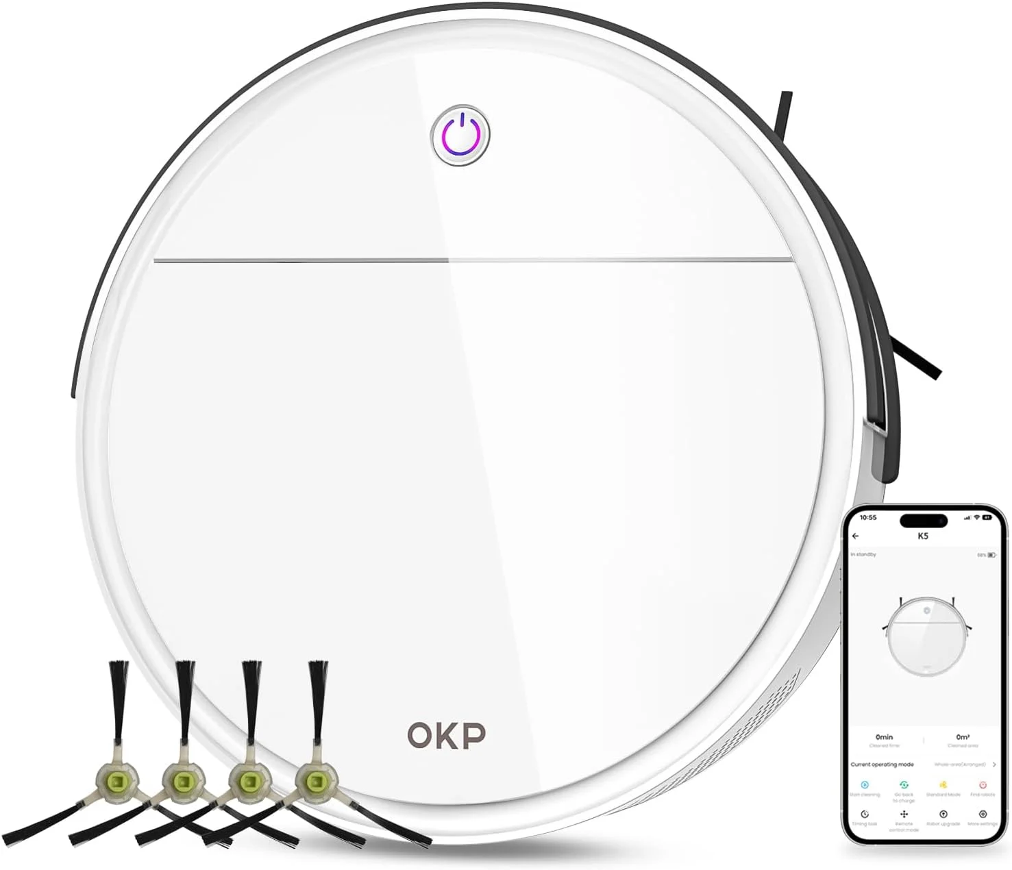 جاروبرقی رباتیک OKP K5، مکش قوی 4500Pa، فوق العاده نازک، تمیز کردن برنامه ریزی شده، شارژ خودکار، با کنترل WIFI/Alexa/APP، عالی برای تمیز کردن موی حیوانات خانگی، فرش و کف های سخت