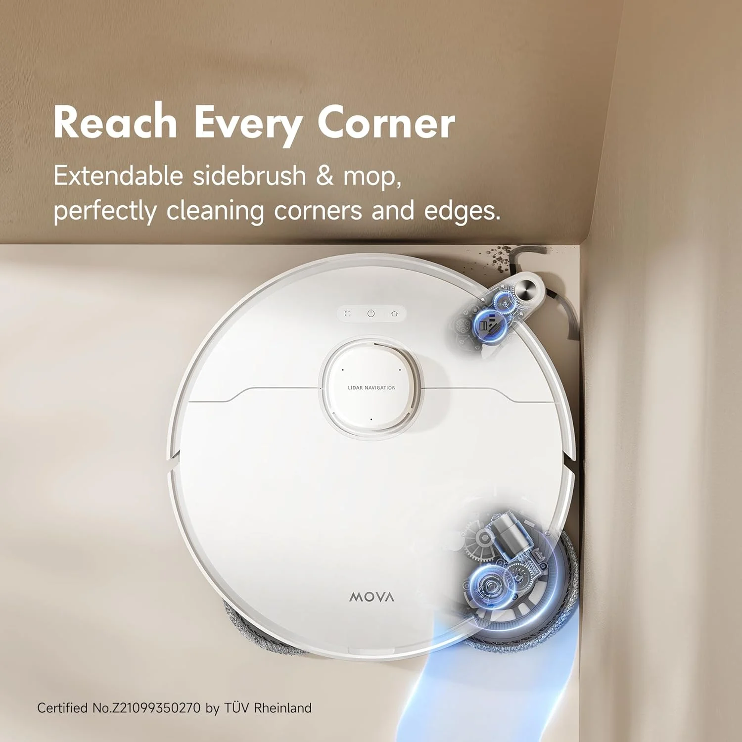 جاروبرقی رباتیک و تی شوی Mova P10 Pro Ultra با قدرت مکش 13000Pa، شستشو و خشک کردن خودکار تی با آب داغ 60 درجه سانتیگراد، تی چرخشی دوگانه قابل گسترش، قابلیت بلند شدن 10.5 میلی‌متری برای فرش، اجتناب از موانع 360 درجه، کنترل از طریق اپلیکیشن
