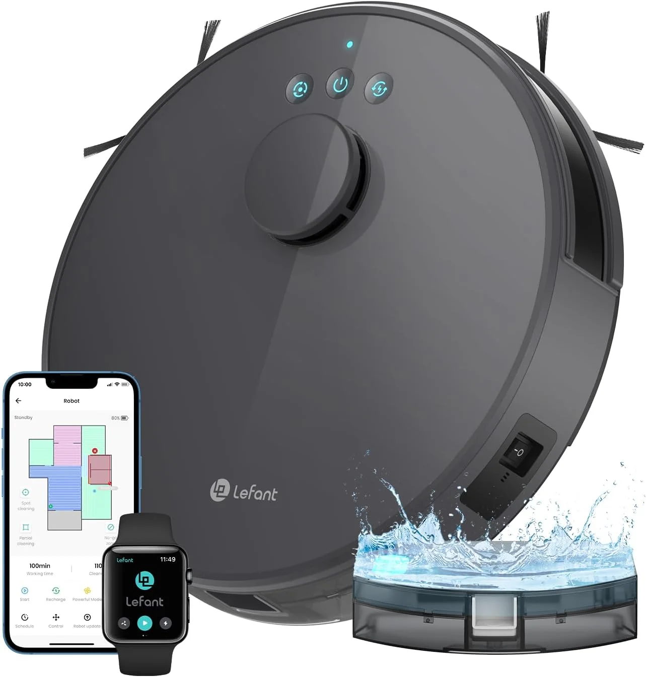 جاروبرقی رباتیک و تی‌شو لِفانت مدل M1، دارای مسیریابی LDS، قدرت مکش 4000Pa، وای‌فای 2.4G/5G، 150 دقیقه زمان کارکرد، مرز مجازی، کنترل هوشمند از طریق اپلیکیشن/الکسا، مناسب برای موی حیوانات خانگی، سطوح سخت و فرش، طراحی فشرده 32 سانتی‌متری