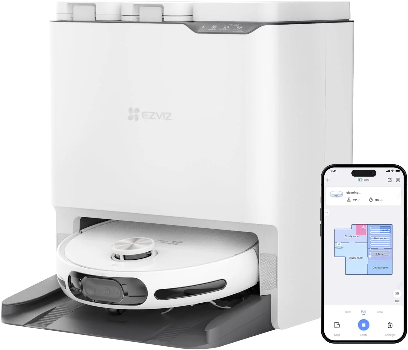 جاروبرقی رباتیک EZVIZ RS20 Max با قابلیت تی کشی، قدرت مکش 13000 پاسکال، اجتناب فعال از موانع، تخلیه خودکار/شستشوی خودکار/خشک کردن خودکار، سازگار با الکسا، گوگل و سیری