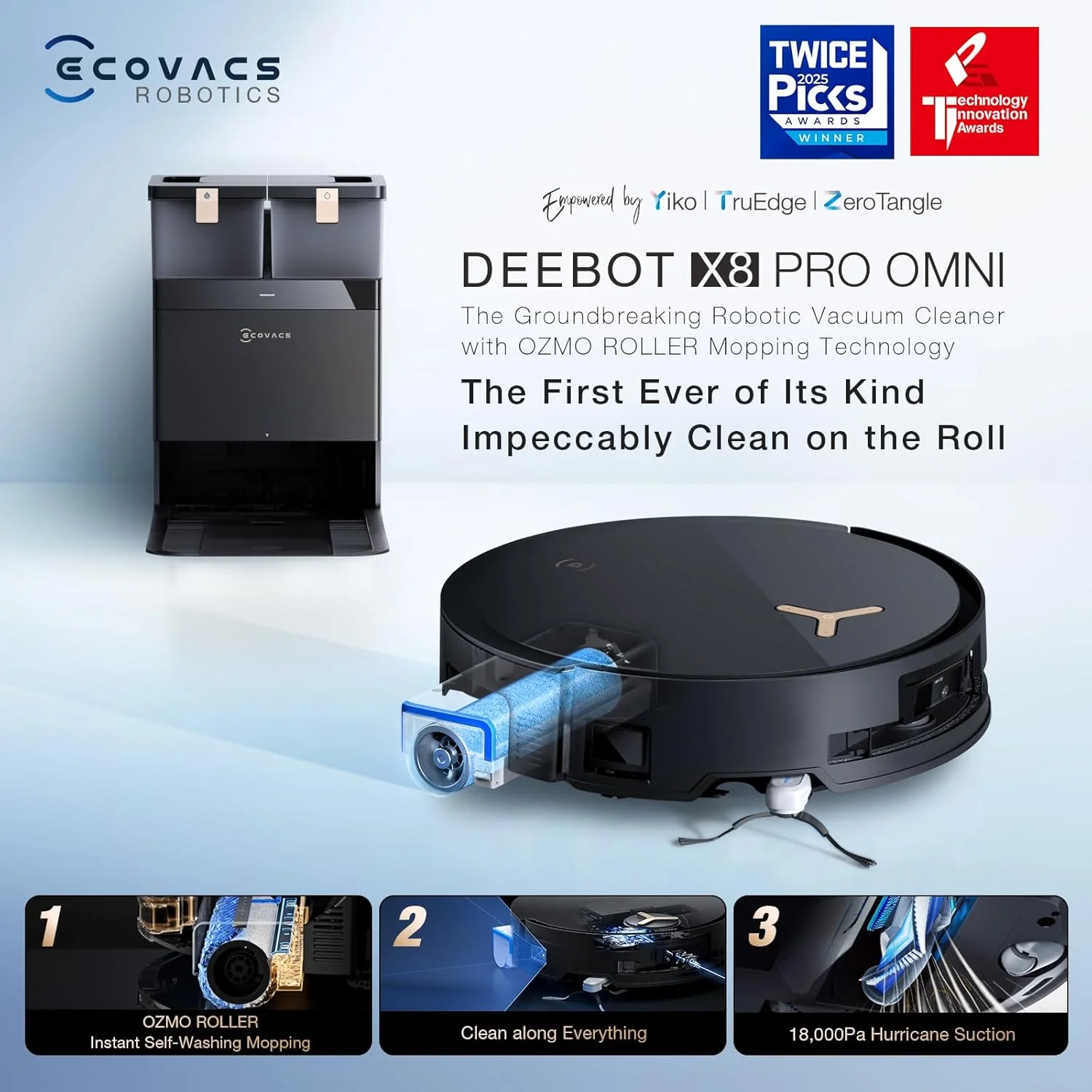 جاروبرقی رباتیک و تی شوی ECOVACS DEEBOT X8 PRO Omni، تی کشی خودشور فوری OZMO Roller، مکش 18000Pa شستشوی تی با آب گرم، افزودن خودکار محلول تمیز کننده، خشک کردن با هوای گرم، تخلیه خودکار جاروبرقی رباتیک و تی شوی ECOVACS DEEBOT X8 PRO Omni، تی کشی خودشور فوری OZMO Roller، مکش 18000Pa شستشوی تی با آب گرم، افزودن خودکار محلول تمیز کننده، خشک کردن با هوای گرم، تخلیه خودکار