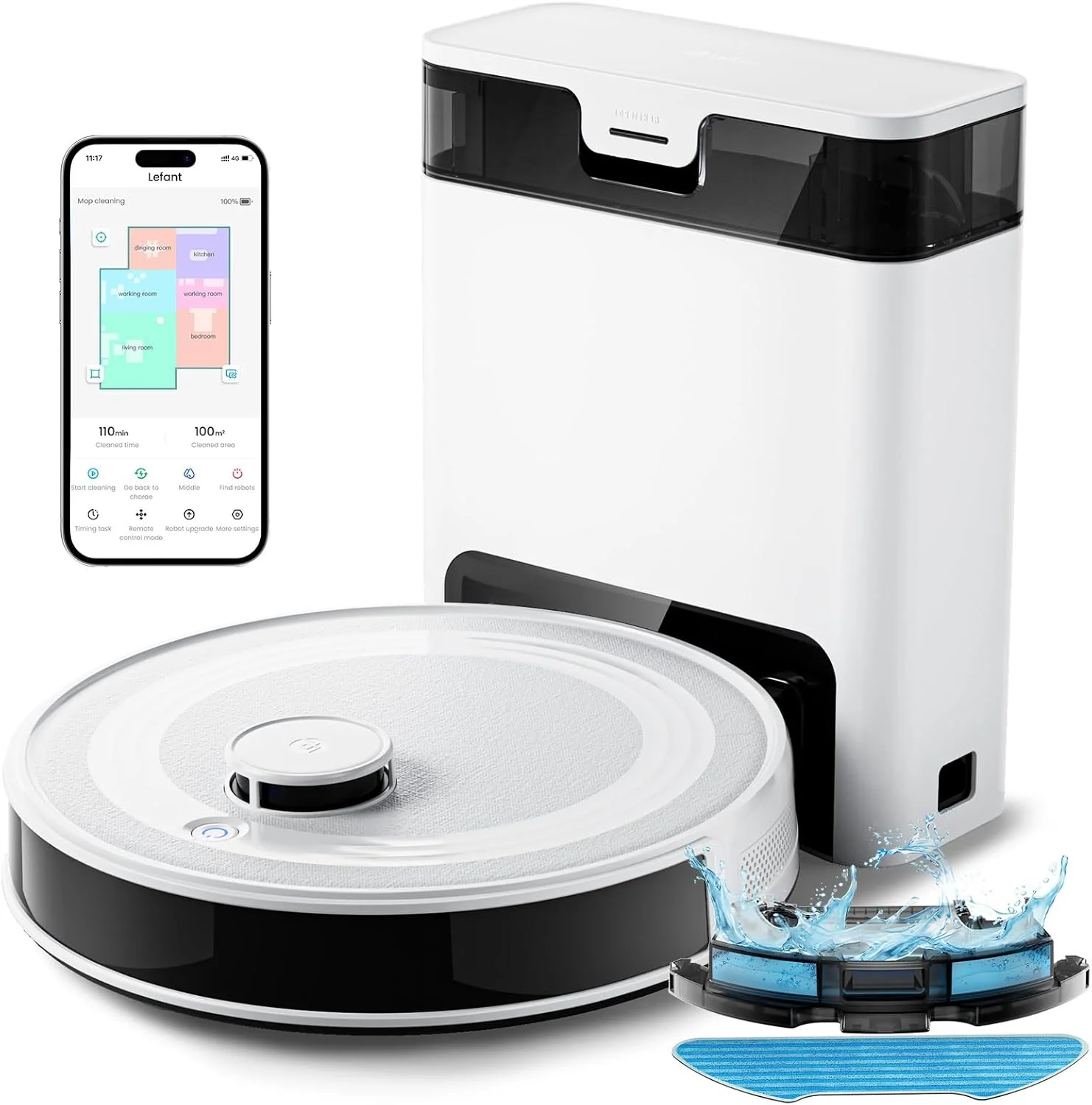 جاروبرقی رباتیک Lefant M2 Pro با قدرت مکش 6000Pa و ایستگاه تخلیه خودکار گرد و غبار، مسیریابی لیزری با نقشه برداری، تمیز کردن شخصی سازی شده، اجتناب از موانع PSD، ایده آل برای موی حیوانات خانگی