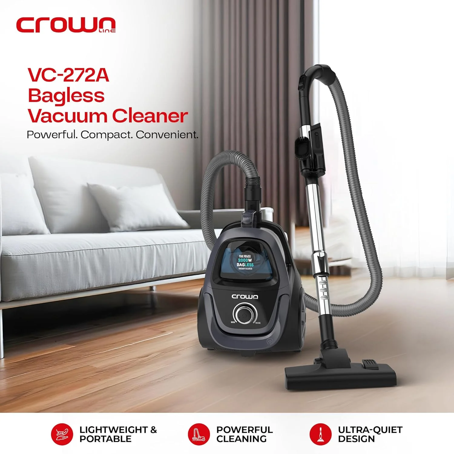 جاروبرقی بدون کیسه 2000 وات Crownline | مخزن 2.5 لیتری با دسته قابل تنظیم | مکش قدرتمند با فیلترهای متعدد | نشانگر پر بودن مخزن گرد و غبار و عملکرد بی صدا | VC-272A جاروبرقی بدون کیسه 2000 وات Crownline | مخزن 2.5 لیتری با دسته قابل تنظیم | مکش قدرتمند با فیلترهای متعدد | نشانگر پر بودن مخزن گرد و غبار و عملکرد بی صدا | VC-272A