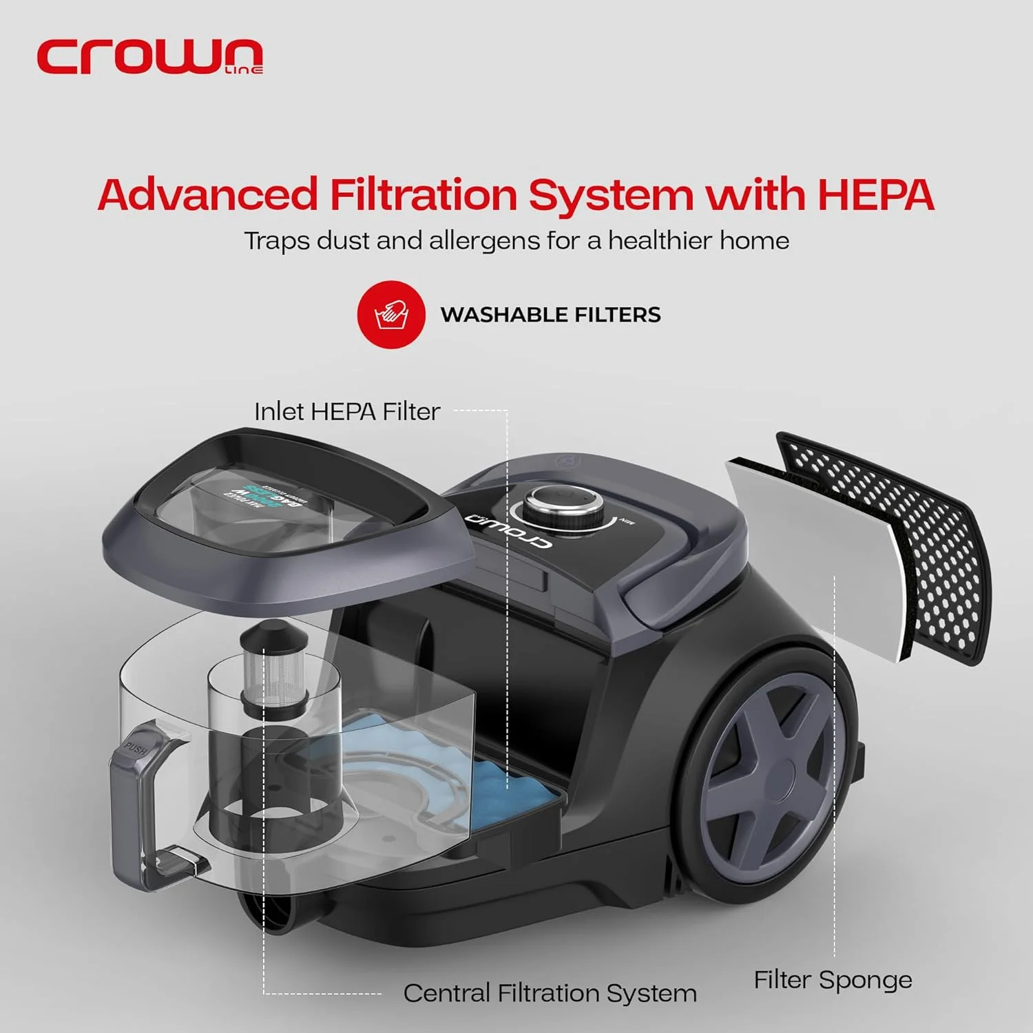 جاروبرقی بدون کیسه 2000 وات Crownline | مخزن 2.5 لیتری با دسته قابل تنظیم | مکش قدرتمند با فیلترهای متعدد | نشانگر پر بودن مخزن گرد و غبار و عملکرد بی صدا | VC-272A جاروبرقی بدون کیسه 2000 وات Crownline | مخزن 2.5 لیتری با دسته قابل تنظیم | مکش قدرتمند با فیلترهای متعدد | نشانگر پر بودن مخزن گرد و غبار و عملکرد بی صدا | VC-272A