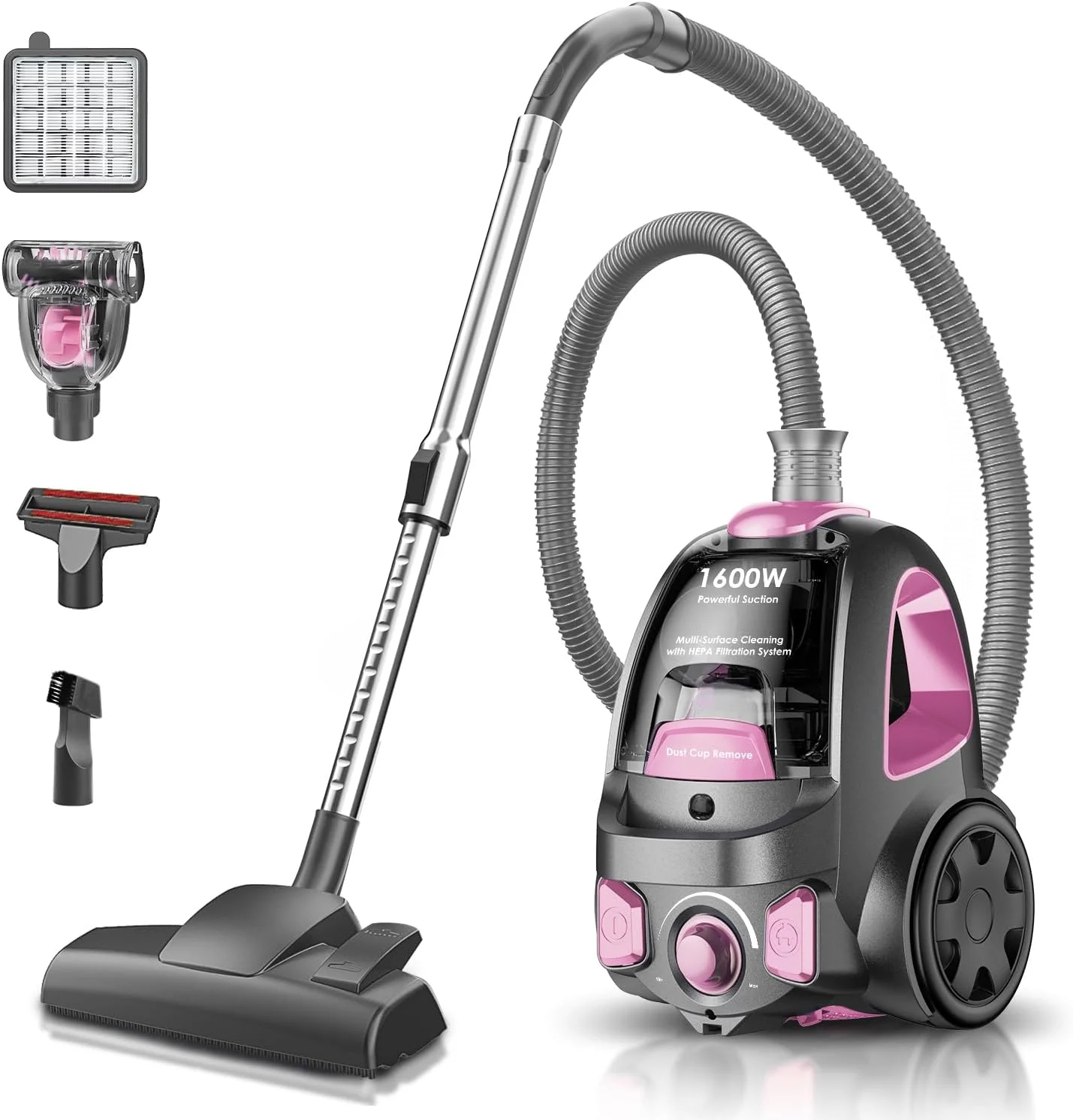 جاروبرقی سطلی، جاروبرقی بدون کیسه 32Kpa 1600W، نشانگر پر بودن مخزن گرد و غبار، فیلتر HEPA H13، ظرفیت بزرگ 3.7Qt، جاروبرقی سبک وزن برای کف های سخت، فرش، حیوانات خانگی، اثاثه یا لوازم داخلی، صورتی