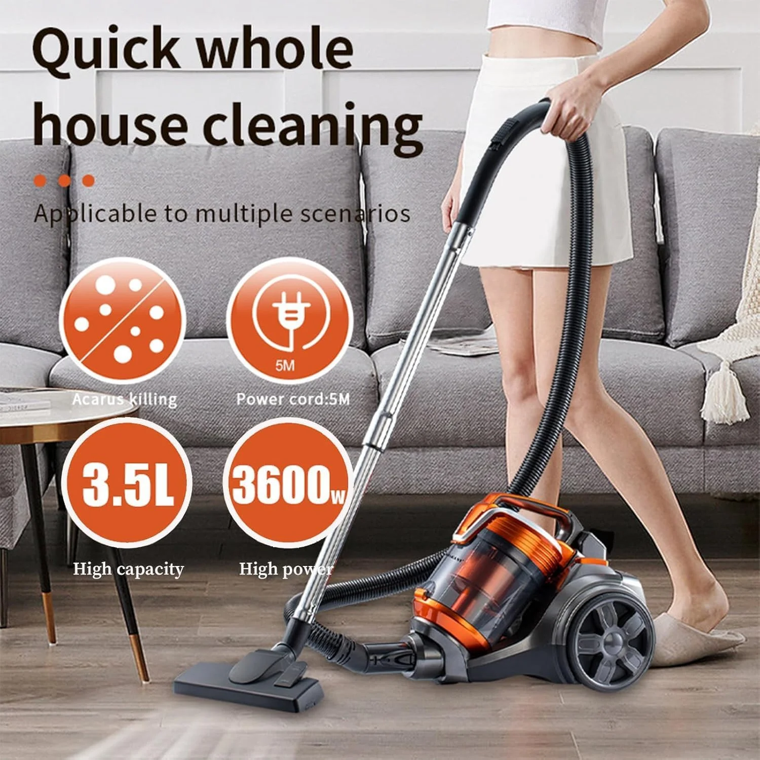 جاروبرقی سطلی سیم دار 3600 وات 3.5 لیتری با قدرت مکش 26 کیلو پاسکال، جاروبرقی سبک وزن چند سیکلونی بدون کیسه، شلنگ چرخان 360 درجه 4 متری و فیلتر HEPA قابل شستشو برای کف های سخت، موی حیوانات خانگی، فرش