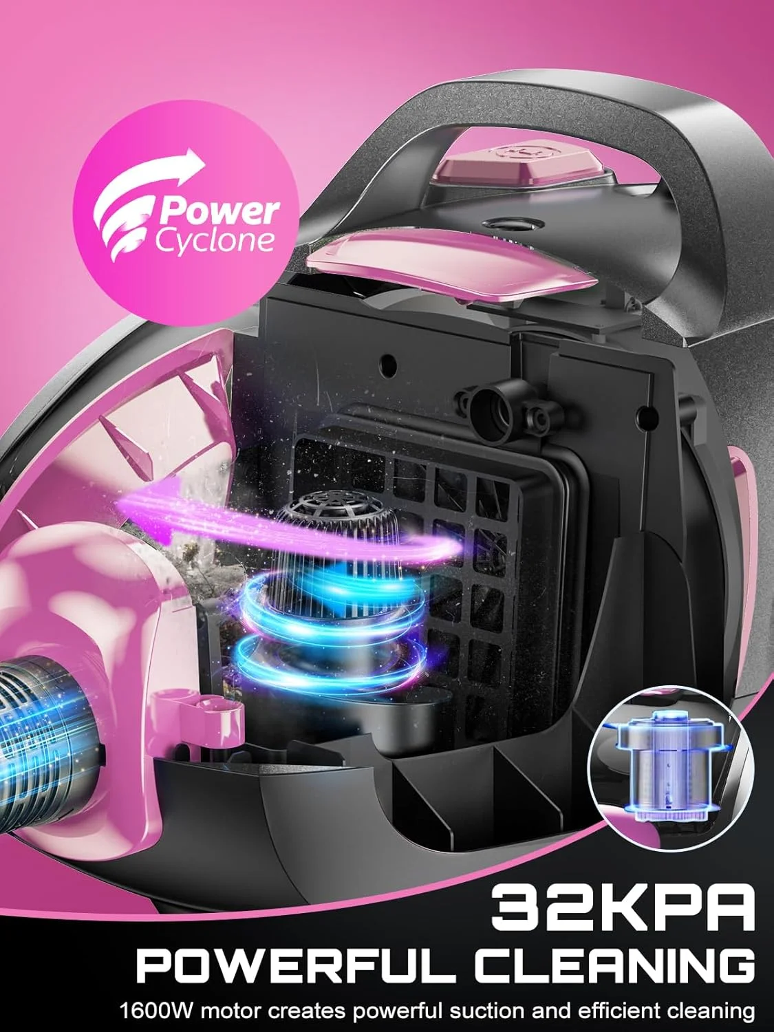 جاروبرقی سطلی، جاروبرقی بدون کیسه 32Kpa 1600W، نشانگر پر بودن مخزن گرد و غبار، فیلتر HEPA H13، ظرفیت بزرگ 3.7Qt، جاروبرقی سبک وزن برای کف های سخت، فرش، حیوانات خانگی، اثاثه یا لوازم داخلی، صورتی