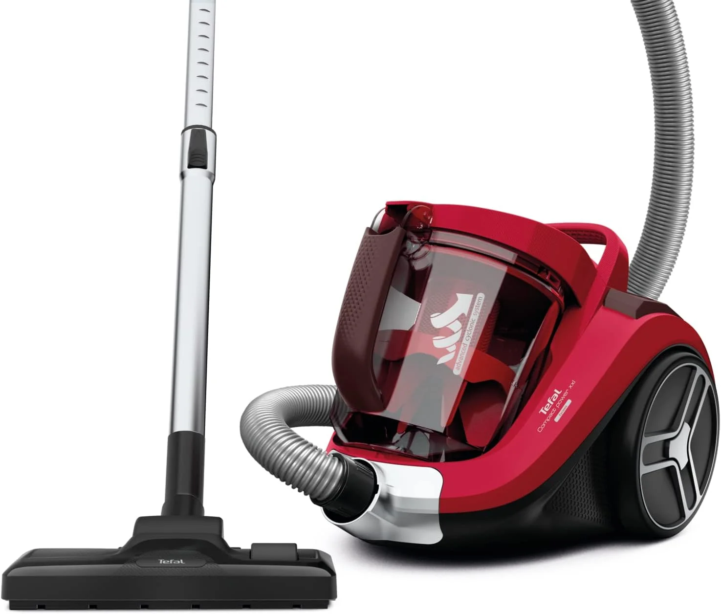 جاروبرقی تفال مدل Compact Power XXL، بدون کیسه، دارای 3 سری، مخزن گرد و غبار 2.5 لیتری با تخلیه آسان، سیم 6.2 متری، 550 وات، قرمز/خاکستری، TW4853HA