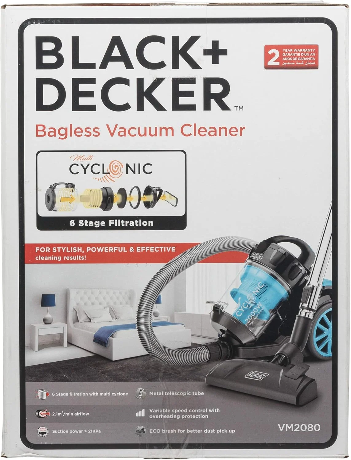 جاروبرقی سطلی بدون کیسه بلک اند دکر با تکنولوژی Multi Cyclone، 2000 وات، ظرفیت 2.5 لیتر، فیلتراسیون 6 مرحله ای HEPA، سرعت متغیر، 289 وات هوا، جمع کننده خودکار سیم، کابل 5 متری، فیلتر قابل شستشو، آبی - VM2080-B5 جاروبرقی سطلی بدون کیسه بلک اند دکر با تکنولوژی Multi Cyclone، 2000 وات، ظرفیت 2.5 لیتر، فیلتراسیون 6 مرحله ای HEPA، سرعت متغیر، 289 وات هوا، جمع کننده خودکار سیم، کابل 5 متری، فیلتر قابل شستشو، آبی - VM2080-B5