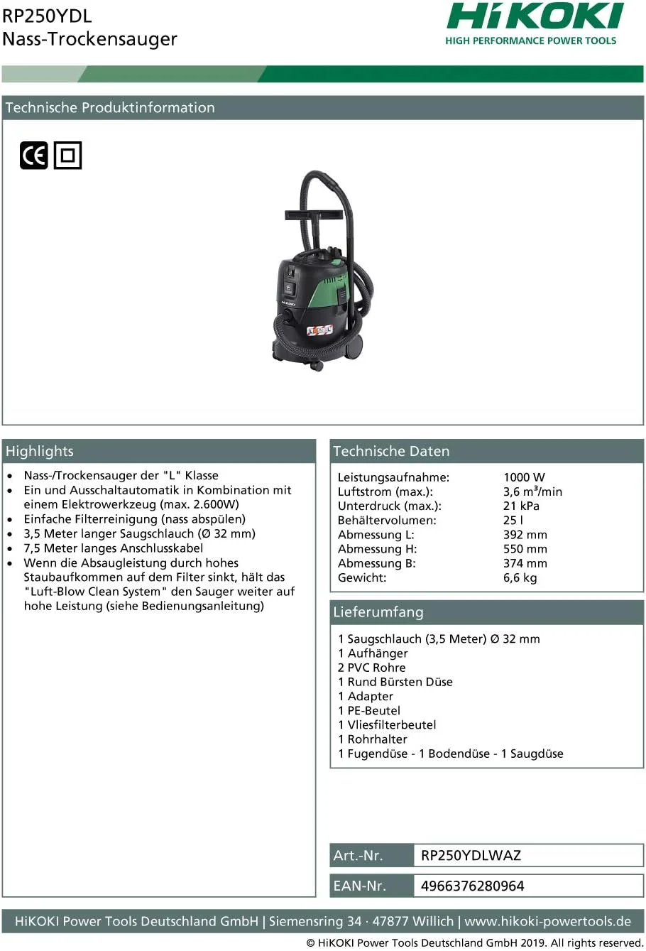 جاروبرقی خشک و تر HIKOKI مدل RP250YDL، 1000 وات، 230 ولت، جریان هوای 3.6 متر مکعب در دقیقه، مخزن 25 لیتری، شلنگ مکش 3.5 متری Ø32mm، کابل اتصال 7.5 متری، سبز، جاروبرقی خشک/تر