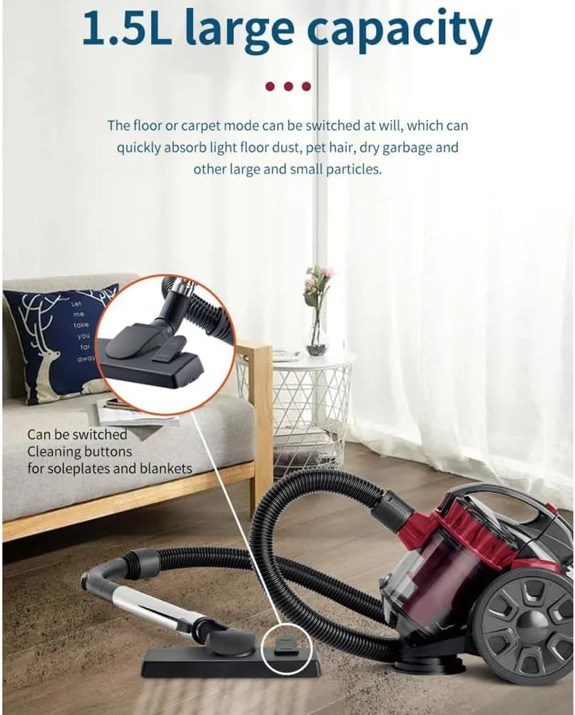 جاروبرقی قدرتمند 2600 واتی MiBoce، جاروبرقی استوانه ای بدون کیسه 1.5 لیتری، با سیم برق 5 متری، فیلتر HEPA، برای گرد و غبار، موی حیوانات خانگی، کثیفی و مواد آلرژی زا