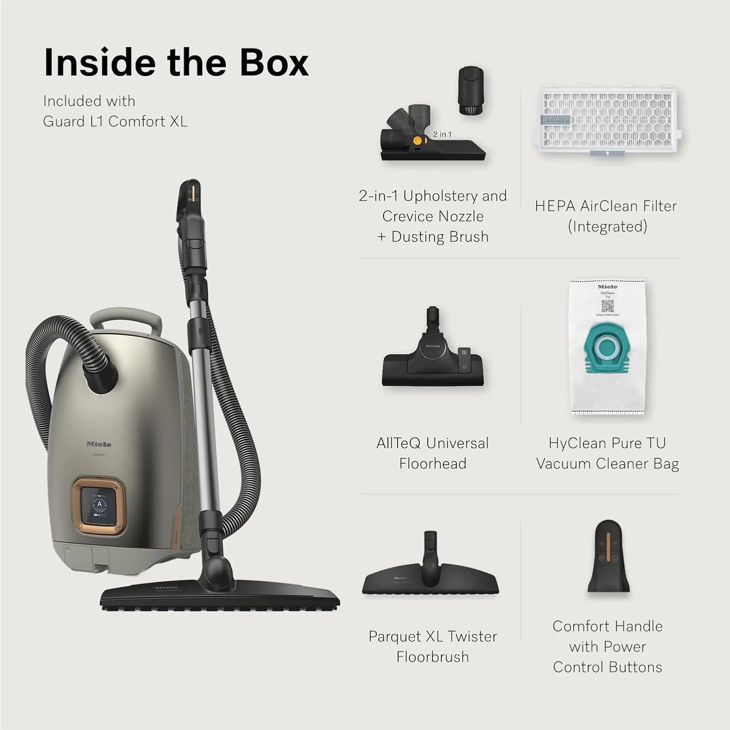 جاروبرقی کیسه ای استوانه ای Miele Guard L1 Comfort XL با دسته راحت، سری های AllTeQ و Parquet Twister XL، صفحه نمایش LCD، با روکش مروارید تیتانیومی