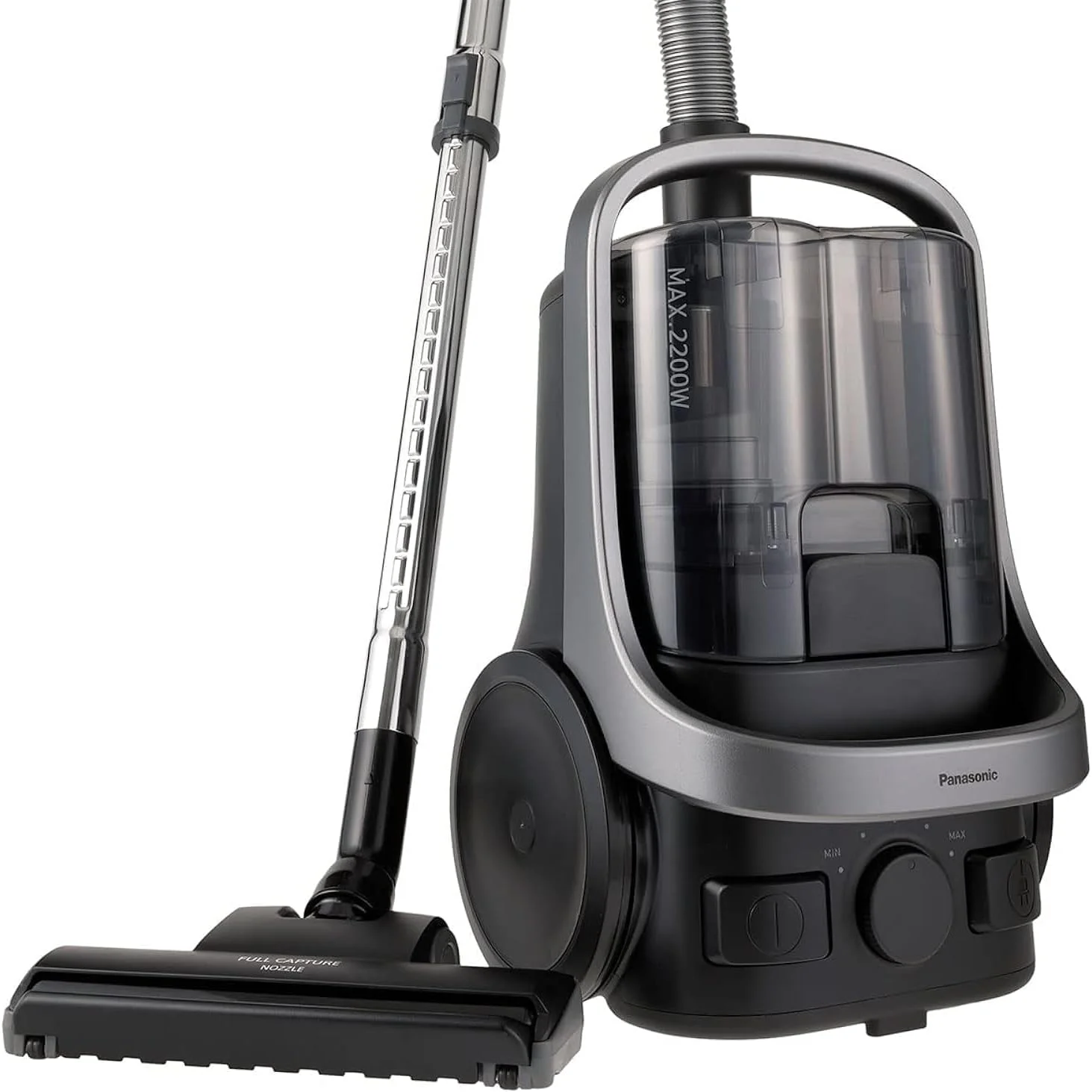 جاروبرقی کیسه ای پاناسونیک مدل MC-CL609HE47 با توان 2200 وات، دارای فیلتر و مخزن گرد و غبار قابل شستشو، حمل آسان با دسته دوگانه، کنترل قدرت متغیر، نازل Full Capture و برس گردگیری Flexi - MC-CL609 - خاکستری