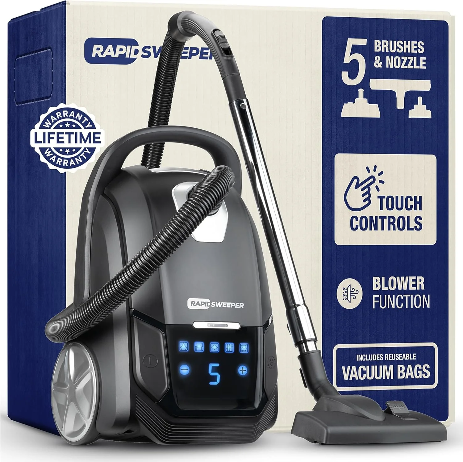 جاروبرقی سطلی کیسه دار و دمنده RapidSweeper برای منزل - فیلتر HEPA قابل شستشو - ظرفیت 5 لیتر - 5 سرعت - مناسب برای سطوح سخت و فرش با پرز کم تا متوسط - سبک وزن - سیم جمع شونده