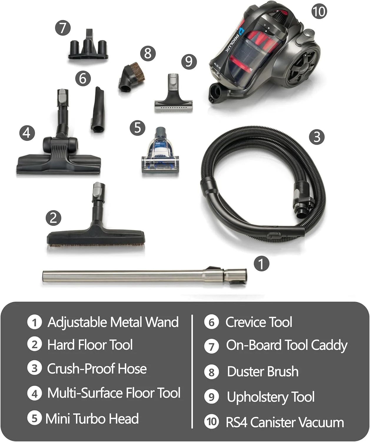 جاروبرقی سطلی بدون کیسه سبک وزن Prolux RS4 با فیلتراسیون دوگانه و فیلتر HEPA، ابزارهای قفل دکمه ای ممتاز، سیم جمع شونده 25 فوتی، لوله تلسکوپی، مناسب برای کف چوبی، فرش، خانه، اداره، آپارتمان، RV و خوابگاه