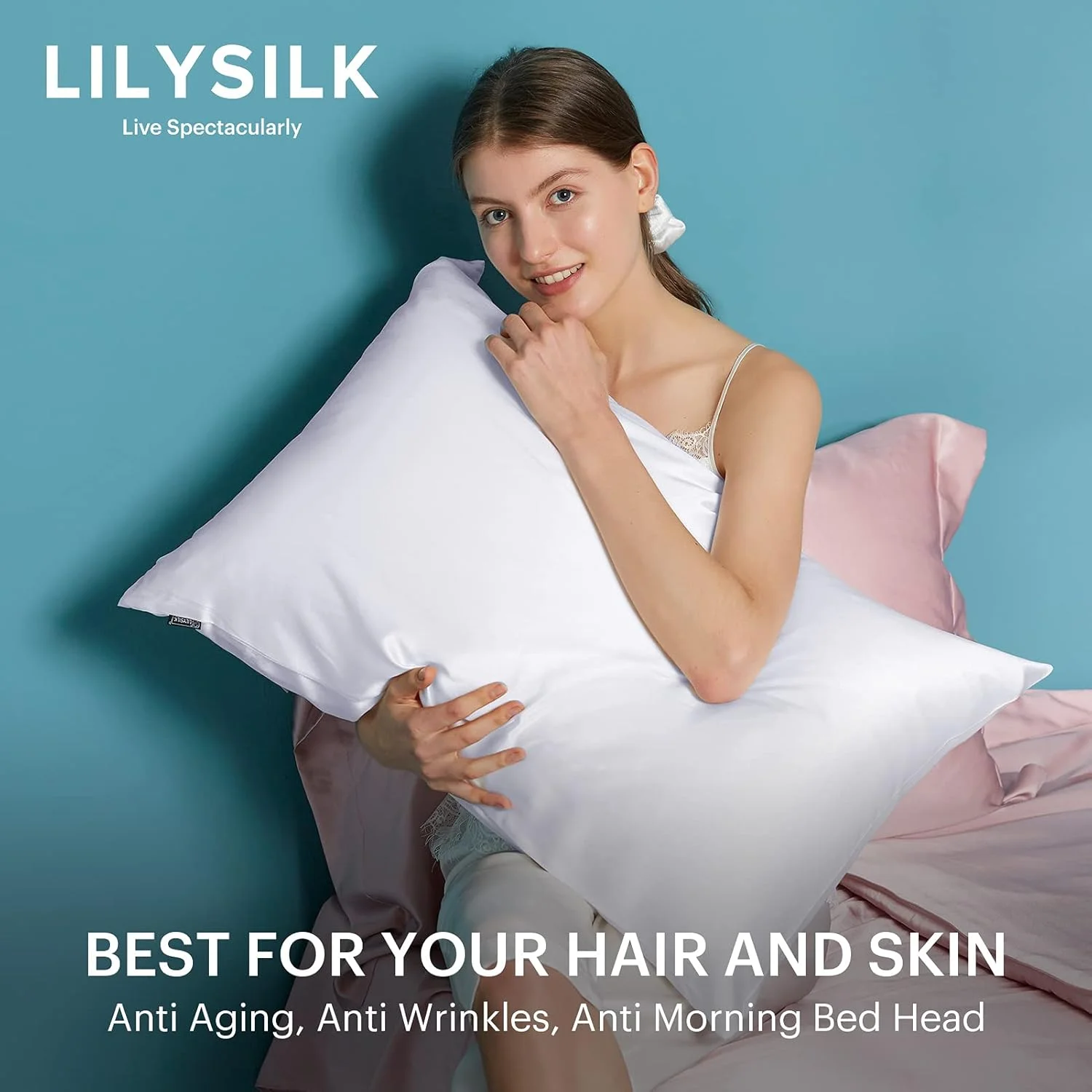 روبالشتی ابریشمی LILYSILK برای مو و پوست، سایز استاندارد - 100% ابریشم توت 19 Momme، روکش بالش ابریشمی دو طرفه با زیپ مخفی، 1 عدد (سایز استاندارد 50x66 سانتی متر، سفید)
