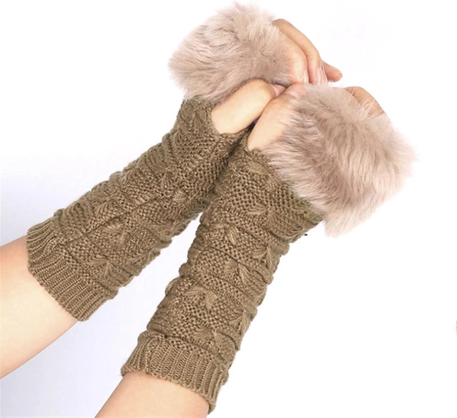 CHEWYZ دستکش های زمستانی رنگ ثابت خز خرگوش مصنوعی آستین بازو گرم کننده دستکش های بدون انگشت دستکش بافتنی زنانه (رنگ: Hortel)