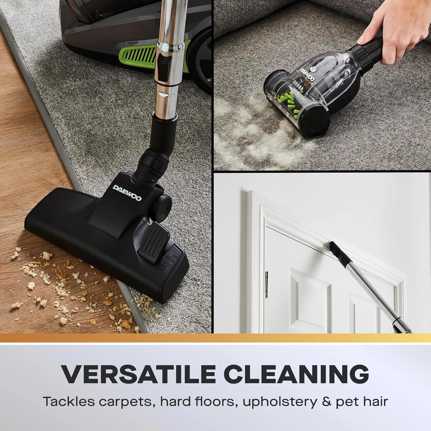 جاروبرقی بدون کیسه سایکلونیک 700 وات Daewoo Tornado Pet، مخزن گرد و غبار 3 لیتری با تخلیه آسان، سیم 5 متری فوق العاده بلند و شلنگ انعطاف پذیر، فیلتر هپا قابل شستشو، برس 2 در 1 مخصوص پله و حیوانات خانگی