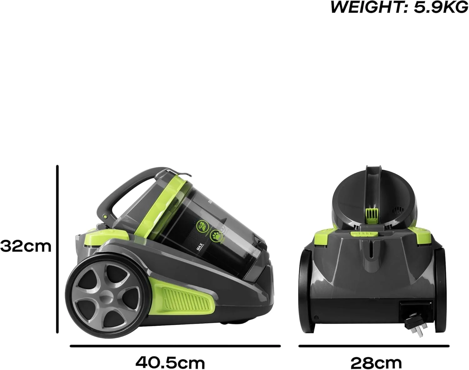 جاروبرقی بدون کیسه سایکلونیک 700 وات Daewoo Tornado Pet، مخزن گرد و غبار 3 لیتری با تخلیه آسان، سیم 5 متری فوق العاده بلند و شلنگ انعطاف پذیر، فیلتر هپا قابل شستشو، برس 2 در 1 مخصوص پله و حیوانات خانگی