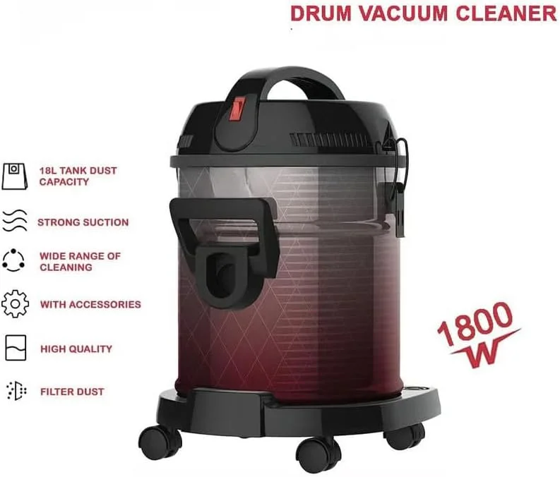جاروبرقی سطلی، 1800 وات، ظرفیت مخزن 18 لیتر، تمیز کردن فرش و کف با لوازم جانبی، زرشکی