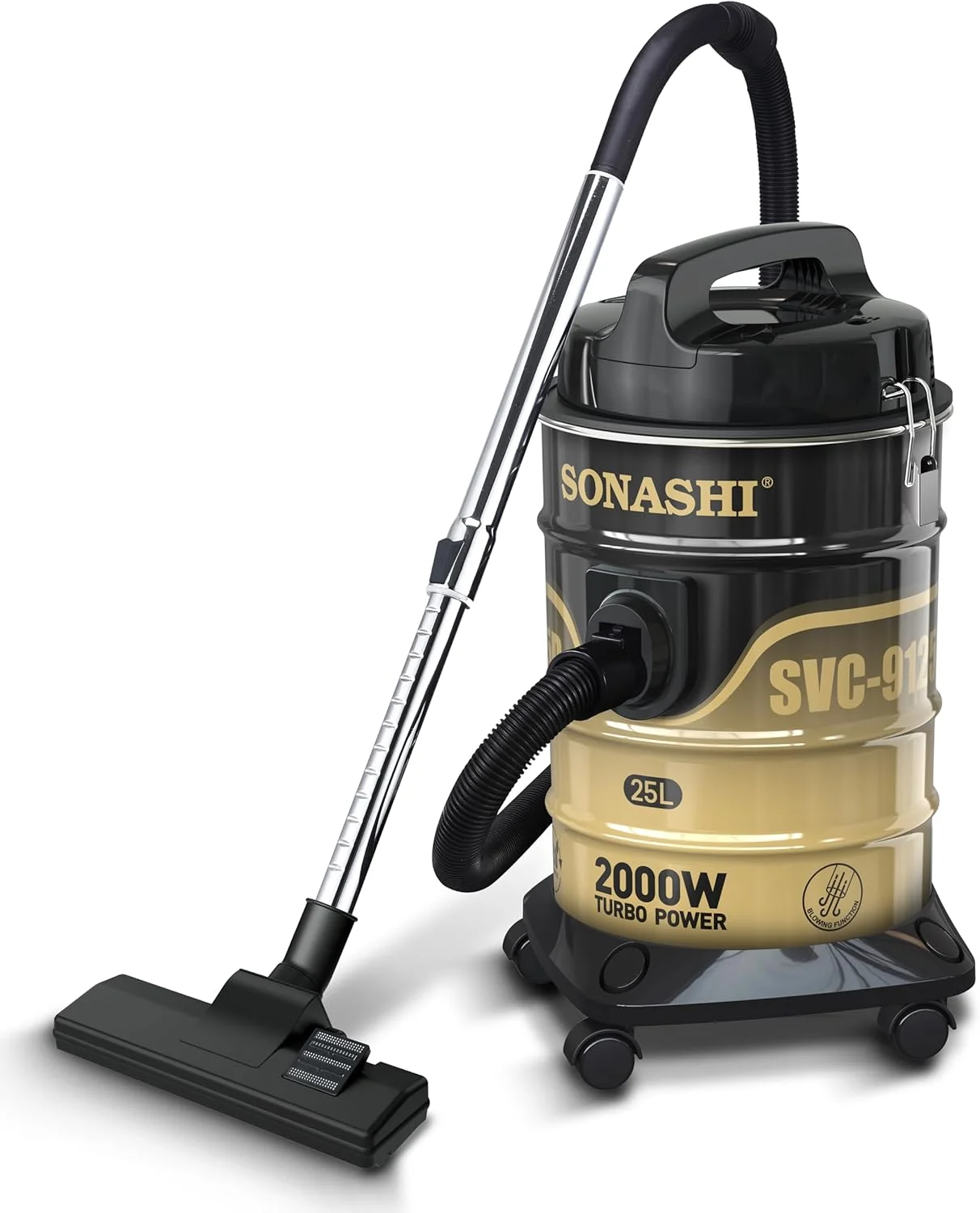 جاروبرقی سطلی با ظرفیت 25 لیتری | مکش قوی با صدای کم | فیلتراسیون چند مرحله ای با نشانگر پر بودن مخزن | دارای چرخ برای استفاده آسان | مناسب برای خانه و دفاتر SVC-9125D مشکی 2400 وات