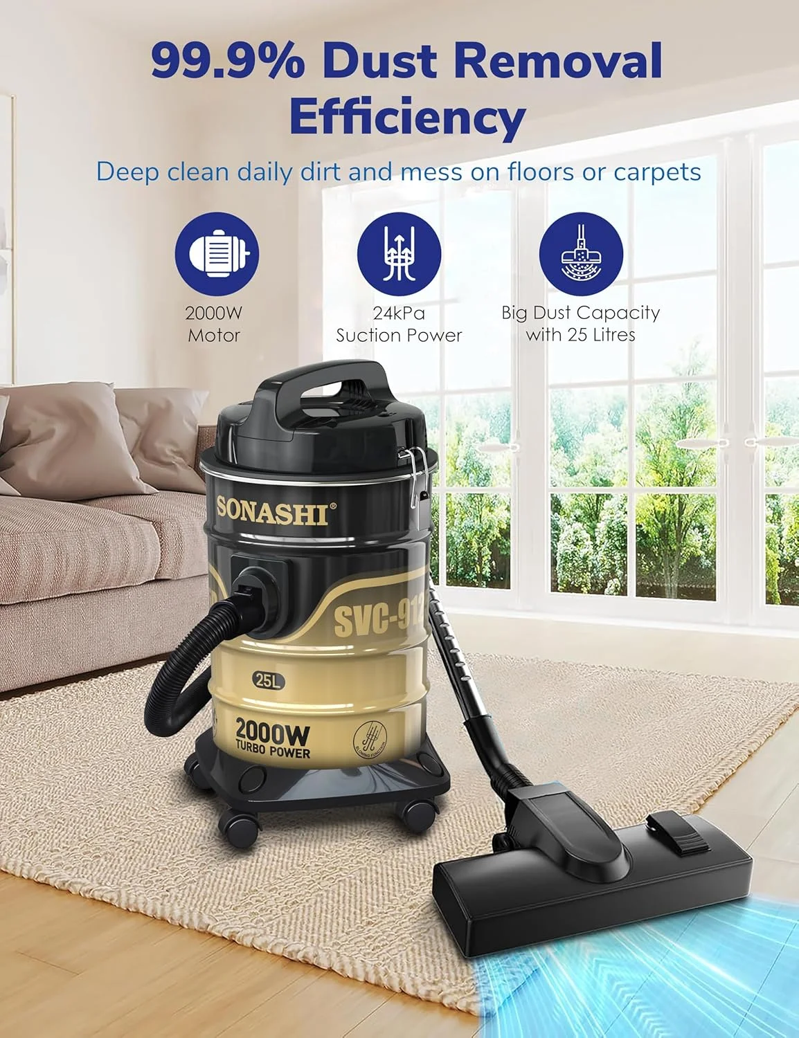 جاروبرقی سطلی با ظرفیت 25 لیتری | مکش قوی با صدای کم | فیلتراسیون چند مرحله ای با نشانگر پر بودن مخزن | دارای چرخ برای استفاده آسان | مناسب برای خانه و دفاتر SVC-9125D مشکی 2400 وات