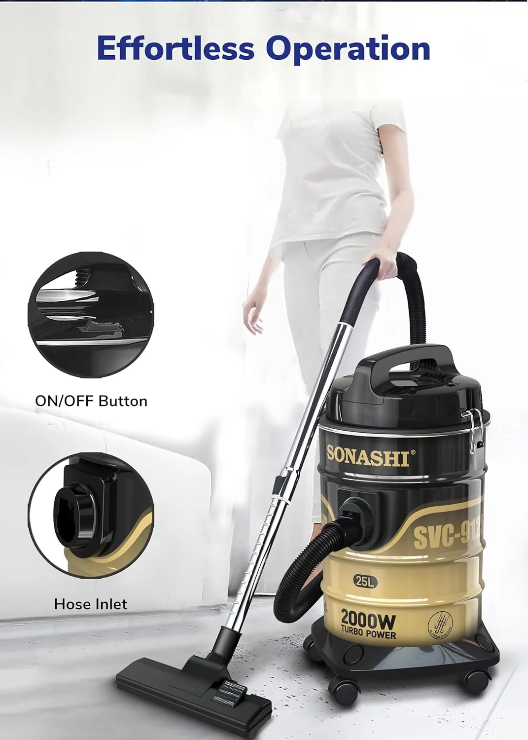 جاروبرقی سطلی با ظرفیت 25 لیتری | مکش قوی با صدای کم | فیلتراسیون چند مرحله ای با نشانگر پر بودن مخزن | دارای چرخ برای استفاده آسان | مناسب برای خانه و دفاتر SVC-9125D مشکی 2400 وات