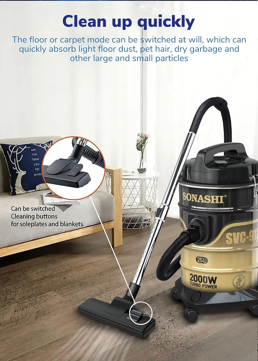 جاروبرقی سطلی با ظرفیت 25 لیتری | مکش قوی با صدای کم | فیلتراسیون چند مرحله ای با نشانگر پر بودن مخزن | دارای چرخ برای استفاده آسان | مناسب برای خانه و دفاتر SVC-9125D مشکی 2400 وات