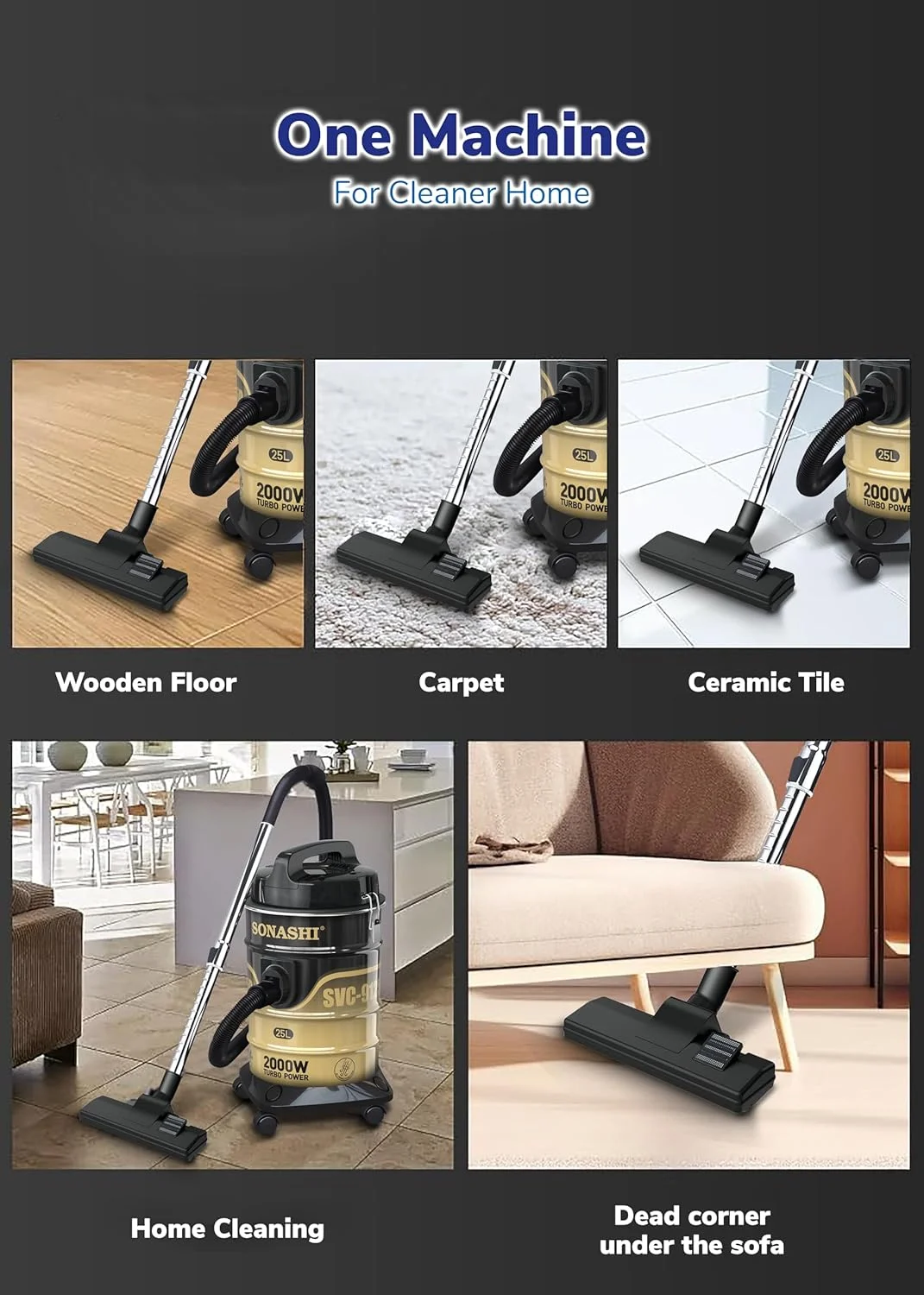 جاروبرقی سطلی با ظرفیت 25 لیتری | مکش قوی با صدای کم | فیلتراسیون چند مرحله ای با نشانگر پر بودن مخزن | دارای چرخ برای استفاده آسان | مناسب برای خانه و دفاتر SVC-9125D مشکی 2400 وات