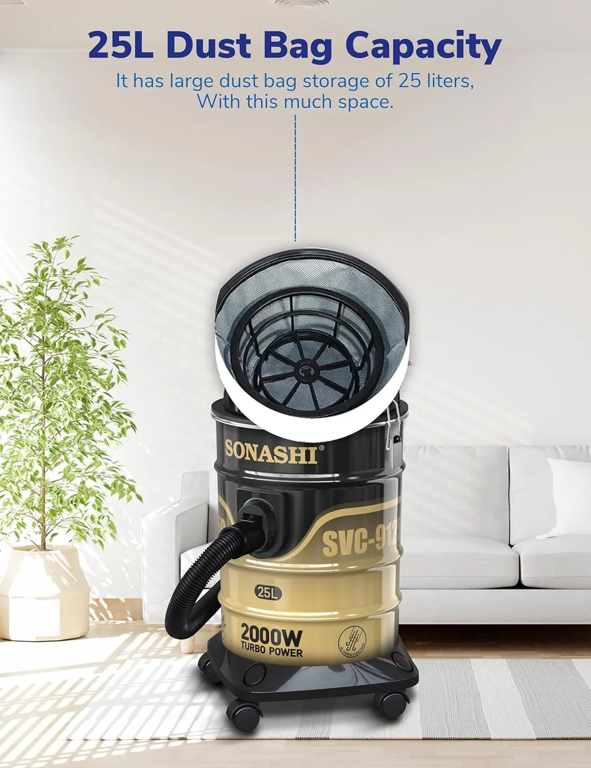 جاروبرقی سطلی با ظرفیت 25 لیتری | مکش قوی با صدای کم | فیلتراسیون چند مرحله ای با نشانگر پر بودن مخزن | دارای چرخ برای استفاده آسان | مناسب برای خانه و دفاتر SVC-9125D مشکی 2400 وات