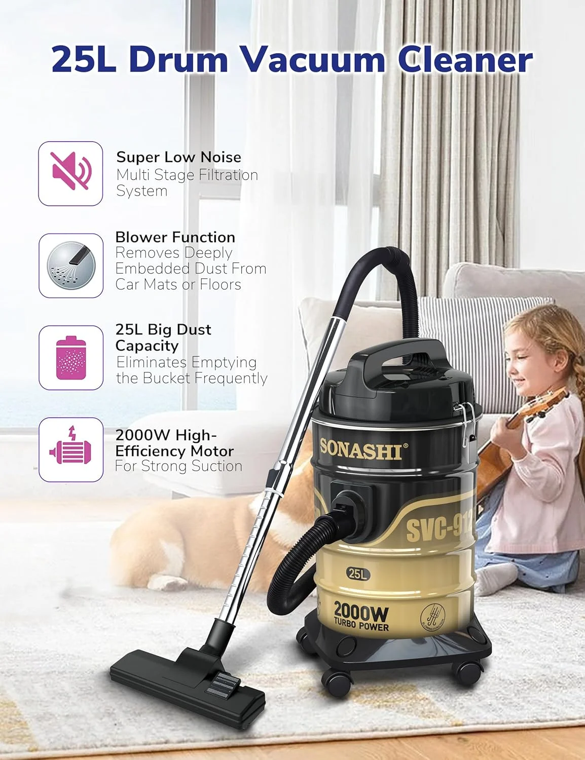 جاروبرقی سطلی با ظرفیت 25 لیتری | مکش قوی با صدای کم | فیلتراسیون چند مرحله ای با نشانگر پر بودن مخزن | دارای چرخ برای استفاده آسان | مناسب برای خانه و دفاتر SVC-9125D مشکی 2400 وات