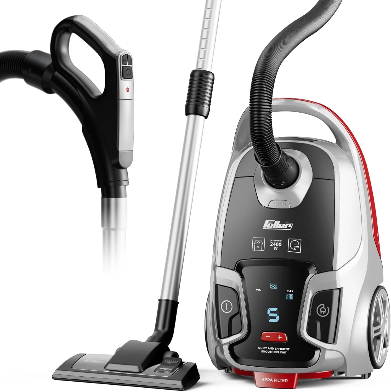 جاروبرقی 2400 وات فلر آلمان، کنترل از راه دور روی دسته، فوق العاده بی صدا، ظرفیت 6 لیتری گرد و غبار، برس توربو + عملکرد دمنده، فیلتراسیون 5 مرحله ای با HEPA، مدل VC240، نسخه امارات (خاکستری تیره قرمز)