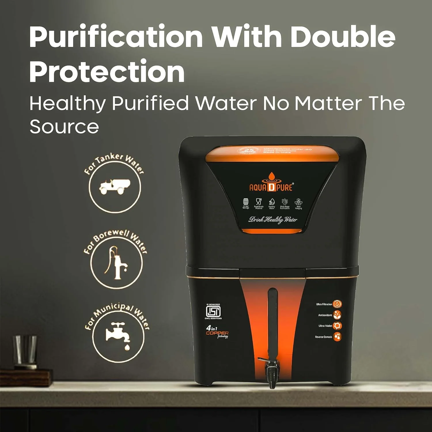 دستگاه تصفیه آب 4 در 1 AQUA D PURE مسی با فیلتراسیون 10 مرحله ای UV، UF، تنظیم کننده TDS و مخزن ذخیره بزرگ 12 لیتری، مناسب برای انواع منابع آب دستگاه تصفیه آب 4 در 1 AQUA D PURE مسی با فیلتراسیون 10 مرحله ای UV، UF، تنظیم کننده TDS و مخزن ذخیره بزرگ 12 لیتری، مناسب برای انواع منابع آب