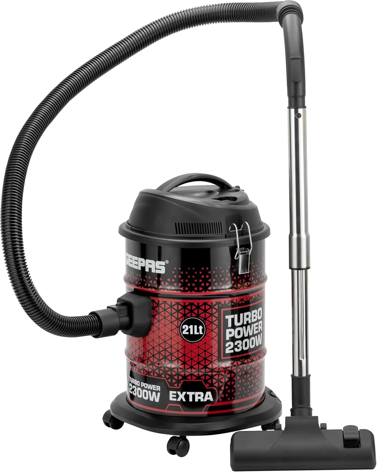 جاروبرقی 2300 وات Geepas مدل GVC19018 | ظرفیت کیسه گرد و غبار 21 لیتری، بدنه فلزی ضد زنگ | مکش قدرتمند و عملکرد دمنده | ایده آل برای خانه، دفتر، آپارتمان | قرمز و مشکی