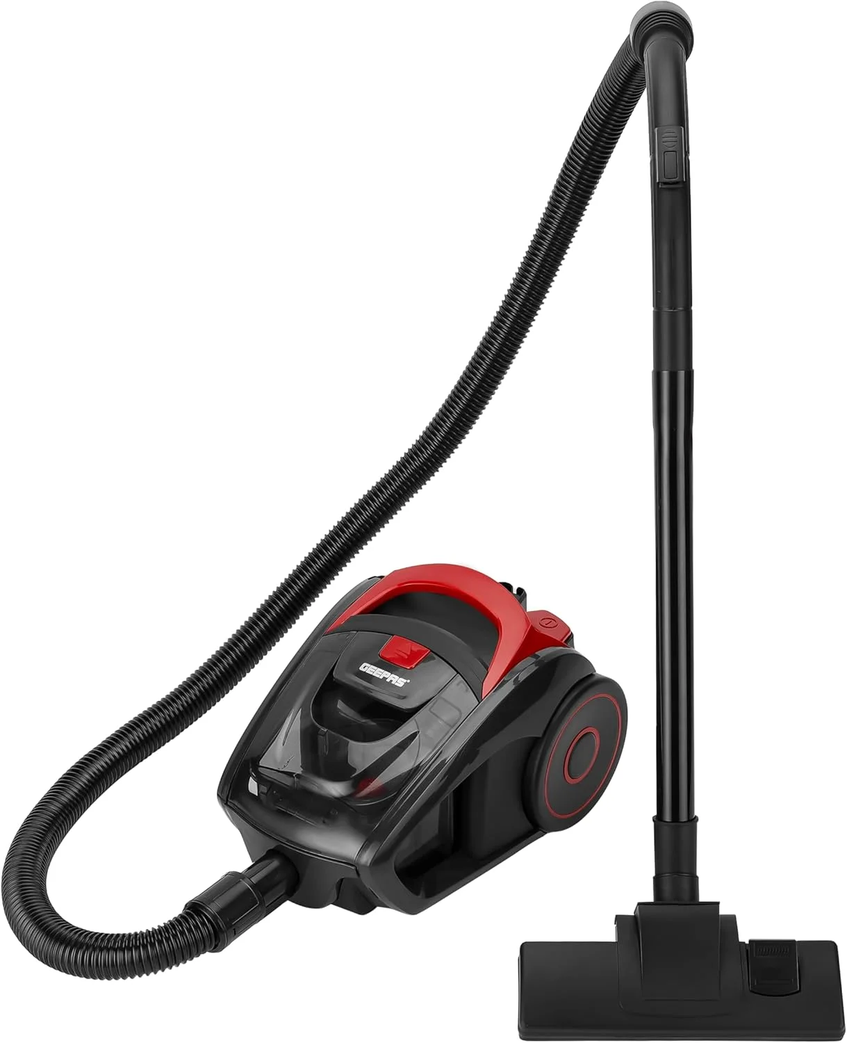 جاروبرقی سایکلونیک Geepas - جاروبرقی سایکلونیک 1400 وات - GVC19024 / ظرفیت کیسه گرد و غبار 1.5 لیتری، عملکرد کم صدا، عملکرد جمع کننده خودکار سیم، برس کف - قرمز و مشکی