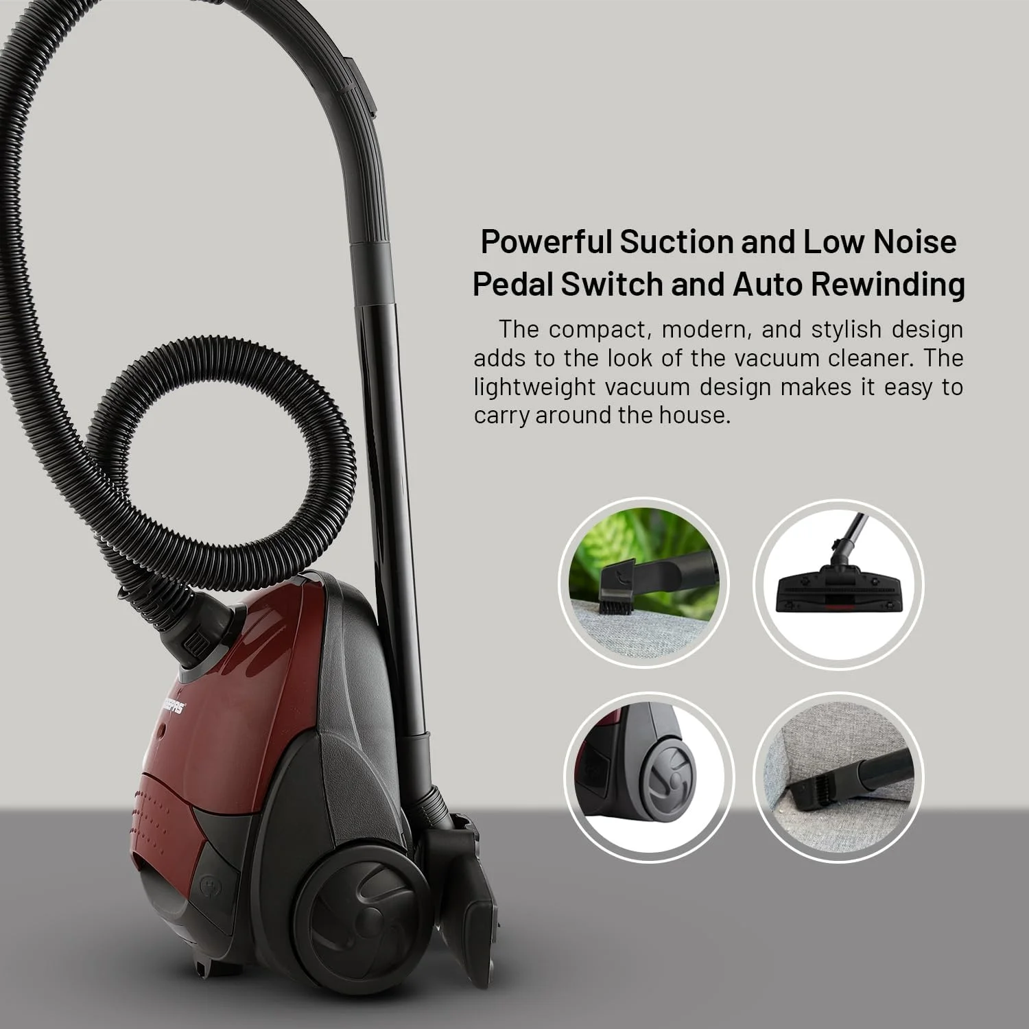جاروبرقی کیسه دار Geepas GVC2594، 2200 وات - 1.5 لیتر - مکش قدرتمند - نشانگر پر بودن کیسه گرد و غبار | لوله انعطاف پذیر با جریان هوا روی دسته | سوئیچ پدال و سیم جمع کن خودکار
