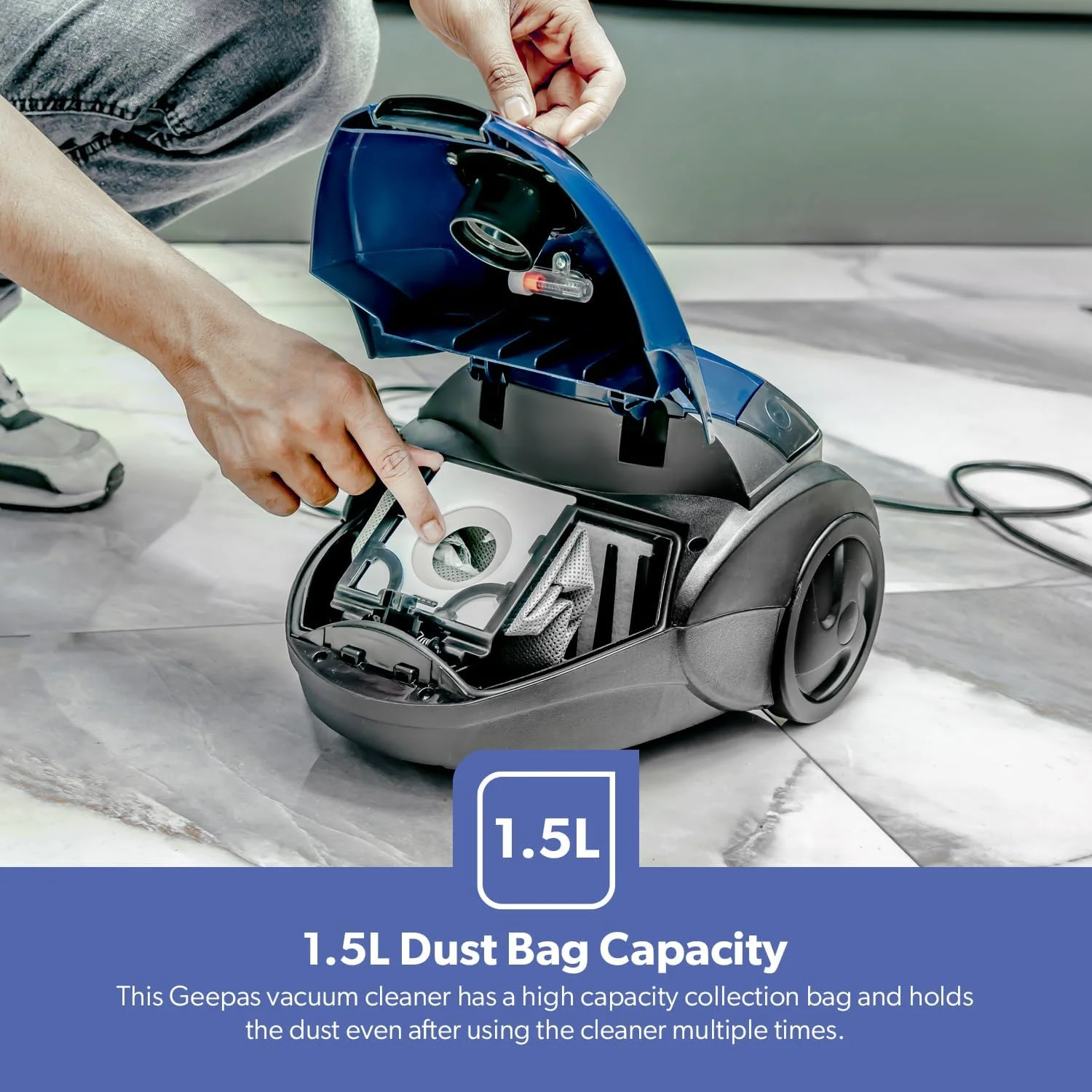 جاروبرقی Geepas مدل GVC2595 - دستی و عصایی، ظرفیت کیسه گرد و غبار 1.5 لیتری، موتور قدرتمند 1400 وات | دسته راحت، چرخ های غلتکی با نازل پارک آسان و نشانگر پر بودن گرد و غبار جاروبرقی Geepas مدل GVC2595 - دستی و عصایی، ظرفیت کیسه گرد و غبار 1.5 لیتری، موتور قدرتمند 1400 وات | دسته راحت، چرخ های غلتکی با نازل پارک آسان و نشانگر پر بودن گرد و غبار
