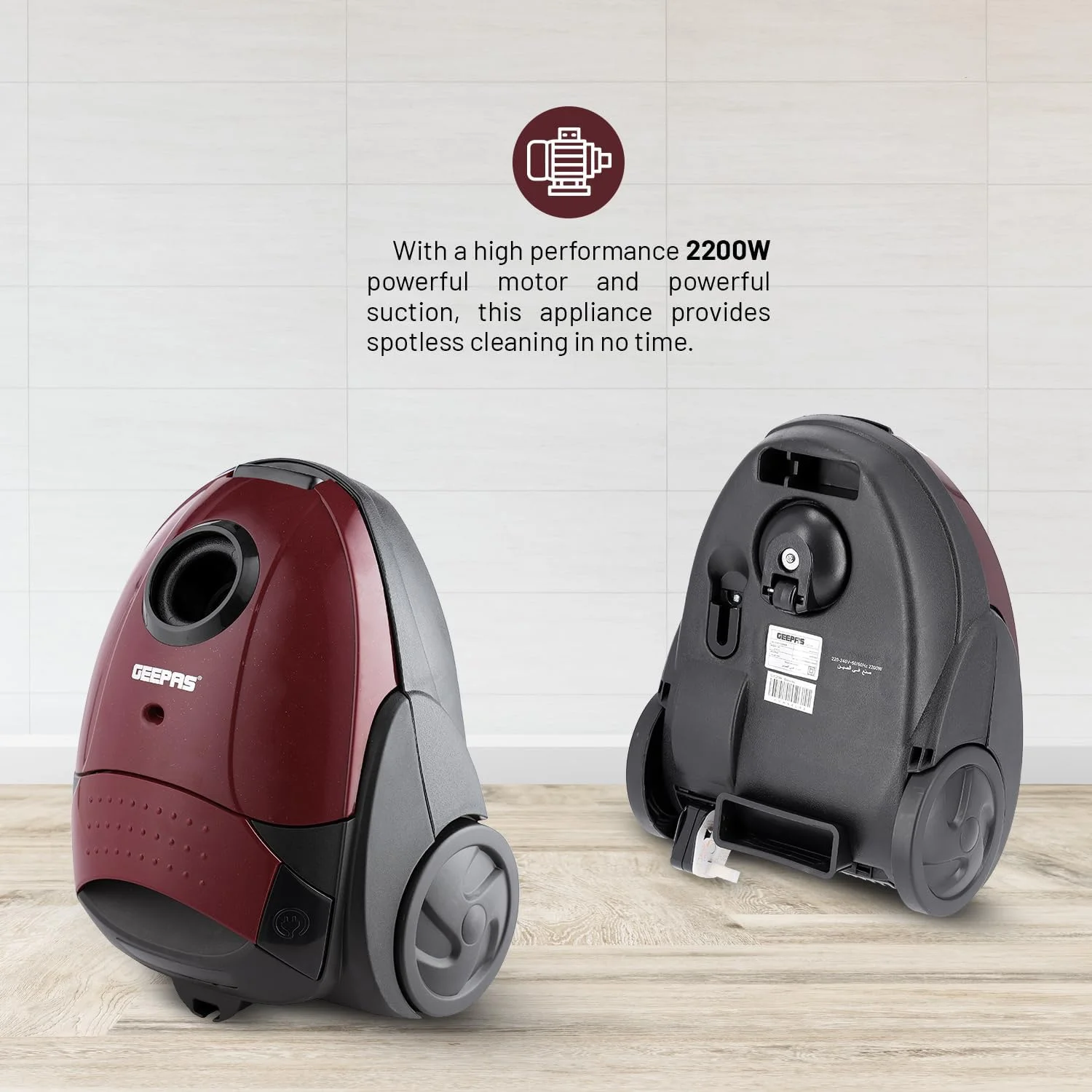 جاروبرقی کیسه دار Geepas GVC2594، 2200 وات - 1.5 لیتر - مکش قدرتمند - نشانگر پر بودن کیسه گرد و غبار | لوله انعطاف پذیر با جریان هوا روی دسته | سوئیچ پدال و سیم جمع کن خودکار