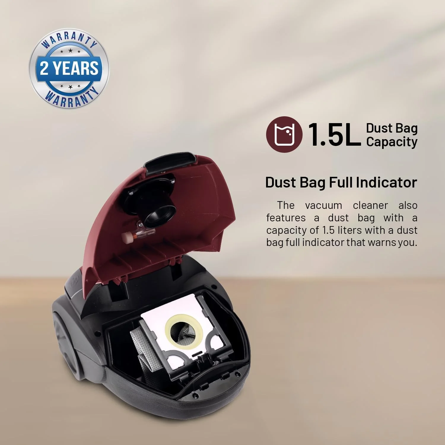 جاروبرقی کیسه دار Geepas GVC2594، 2200 وات - 1.5 لیتر - مکش قدرتمند - نشانگر پر بودن کیسه گرد و غبار | لوله انعطاف پذیر با جریان هوا روی دسته | سوئیچ پدال و سیم جمع کن خودکار