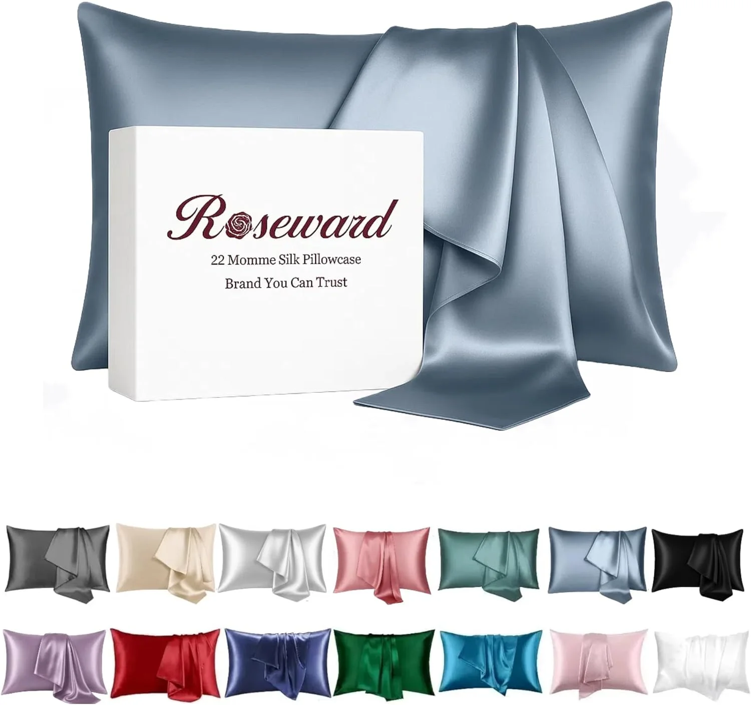 روبالشی ابریشم خالص توت ROSEWARD برای مو و پوست، تولید شده در ایالات متحده آمریکا، ابریشم 22 موم، روبالشی زیپ دار سایز استاندارد، ابریشم ارگانیک درجه 6A، ضد حساسیت، ضد آکنه (استاندارد، خاکستری آبی)