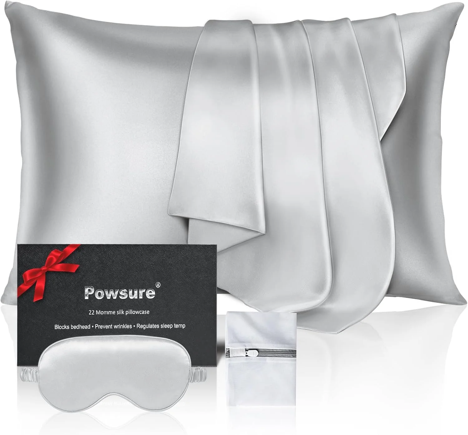 روبالشی ابریشم خالص توت 100% Powsure برای مو و پوست - 22 Momme 6A با زیپ - سایز کینگ 50x90 سانتی متر - هدیه برای خانم ها (بسته روبالشی ابریشمی و ست چشم بند)