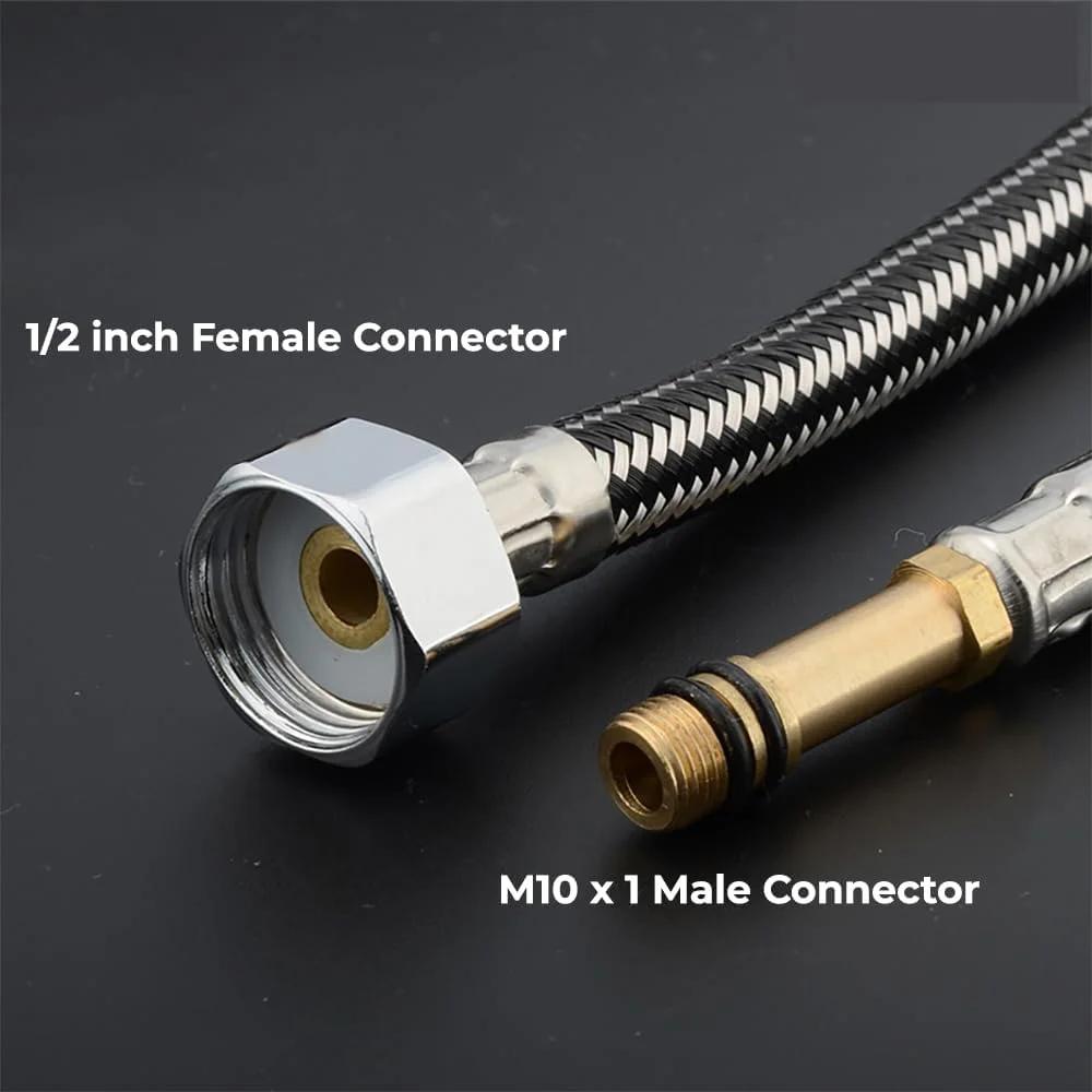 شلنگ پیسوار 60 سانتی متری دو عددی، اتصال مادگی 1/2 اینچ به نری M10 x 1، شلنگ های آب گرم و سرد بافته شده از جنس استیل ضد زنگ برای شیرآلات آشپزخانه و روشویی حمام (مشکی)