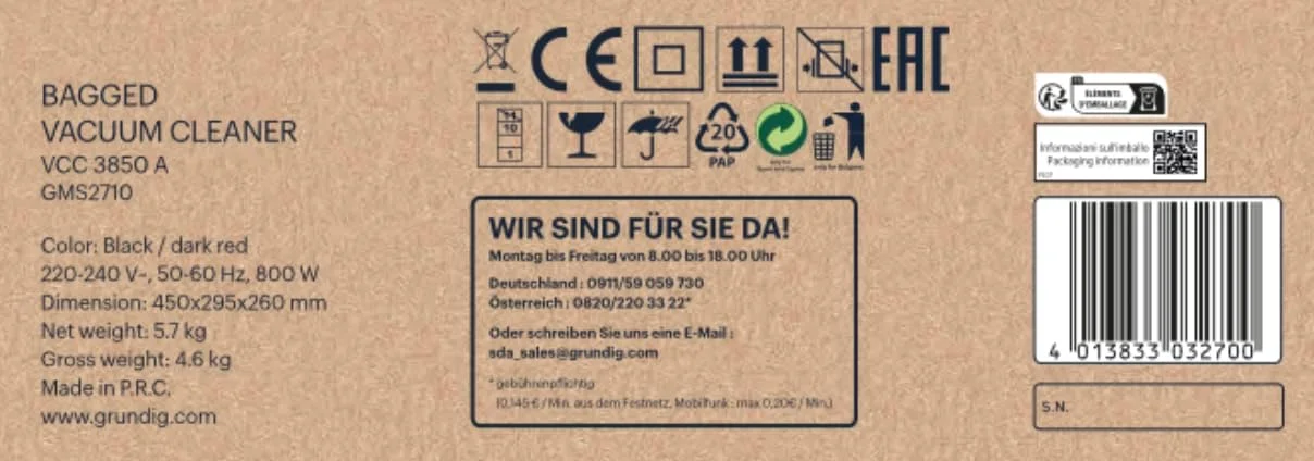 جاروبرقی کیسه ای گروندینگ مدل VCC 3850 A با توان 800 وات و ظرفیت 2.1 لیتر، جنس لوله: کروم، مشکی/قرمز