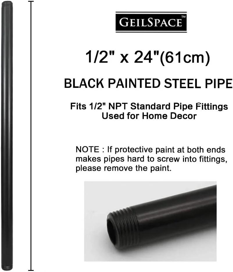 لوله فلزی مشکی از پیش برش خورده GeilSpace، بسته 6 عددی، ½ اینچ × 24 اینچ، فولاد صنعتی مناسب برای لوله ها و اتصالات رزوه ای مشکی استاندارد نیم اینچی - قفسه بندی صنعتی DIY وینتیج (½ اینچ × 24 اینچ، مشکی) - تصویر 2