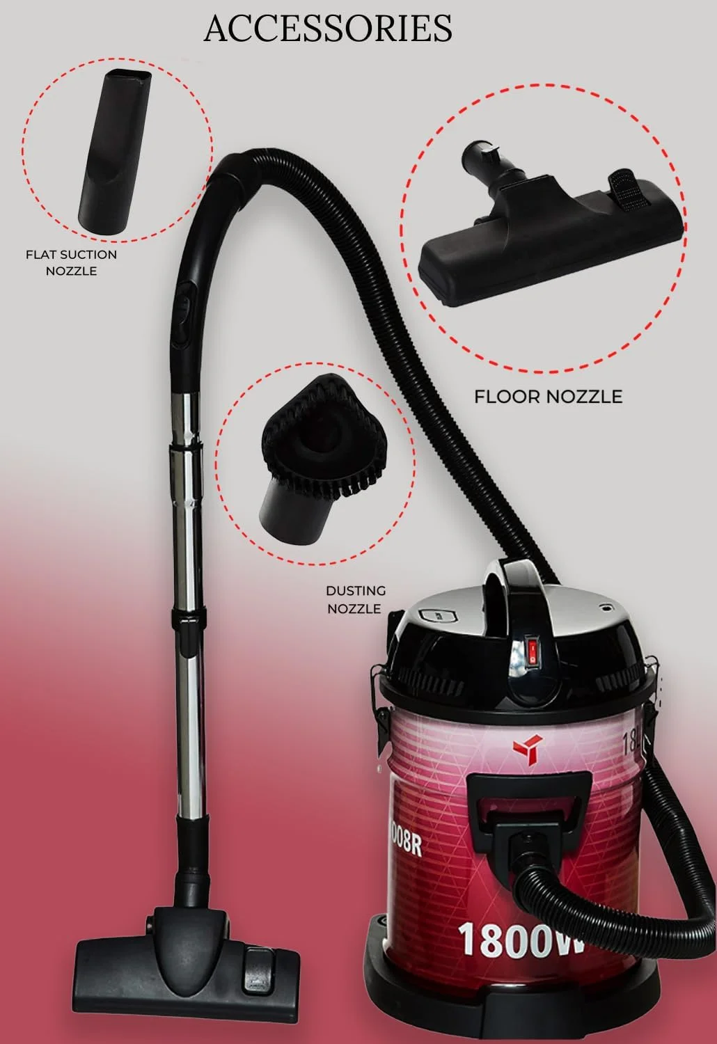 جاروبرقی سطلی مباشی با ظرفیت 18 لیتر، عملکرد دمنده و بدنه آهنی قوی - قرمز (DVC1008R) (1800 وات) جاروبرقی سطلی مباشی با ظرفیت 18 لیتر، عملکرد دمنده و بدنه آهنی قوی - قرمز (DVC1008R) (1800 وات)