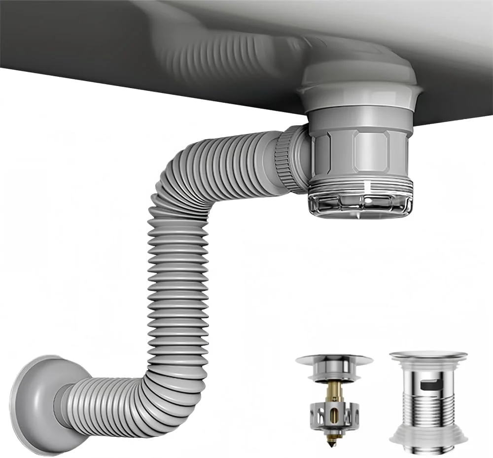 کیت تخلیه سینک حمام با لوله انعطاف پذیر و قابل گسترش، بدون بو و جلوگیری از پس زدن آب، طراحی صرفه جویی در فضا بدون P-Trap، برای سوراخ تخلیه 1-1/4 اینچ و 1-1/2 اینچ (سینک با سرریز)