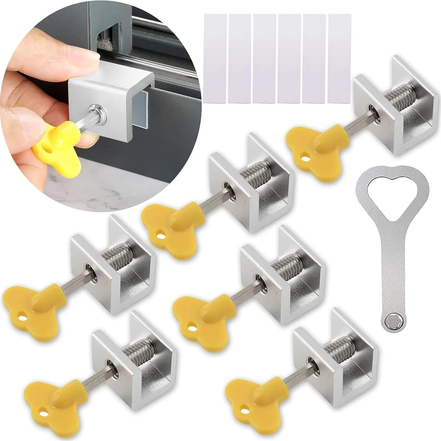 قفل پنجره AtRyx، مجموعه 6 عددی قفل ایمنی درب و پنجره کشویی قابل تنظیم با کلید، قفل های ایمنی پنجره آلومینیومی، قفل های ایمنی قابل تنظیم برای پنجره ها و درب های کشویی عمودی و افقی