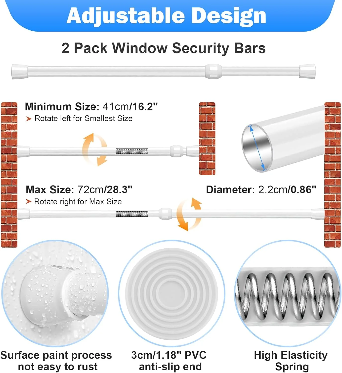 میله امنیتی پنجره 2 عددی، قفل کشویی قابل تنظیم برای درهای شیشه ای کشویی، میله های ایمنی با نوک لاستیکی، میله های کششی 41 تا 72 سانتی متر، قطر 3 سانتی متر برای پنجره ها و درهای پاسیو
